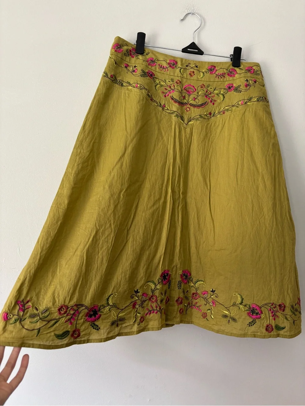 Y2K Fairycore Green Floral Pink Embroidered Cottagecore Midi Boho Skirt - Medium